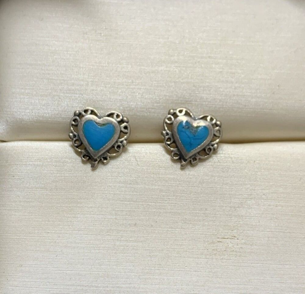 Vintage Sterling Silver Turquoise Inlay Heart Earrings